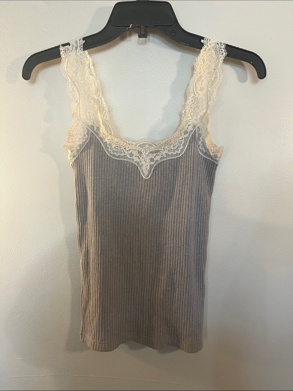 J. Crew Gray Ribbed Lace-Trim Camisole with Cream Lace